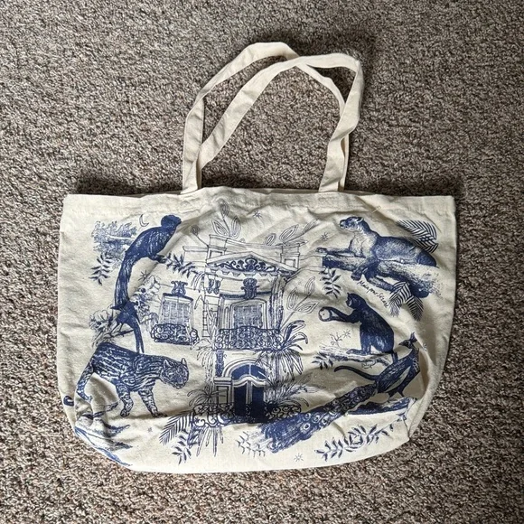 Sezane Toile Blue and Cream Animal Cotton Canvas Print Tote Bag - Picture 2 of 5